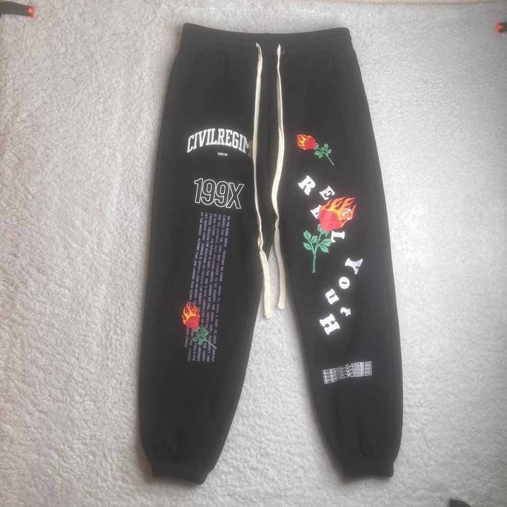 Civil Regime 199X Rebel Youth Sweatpants Mens Medium Black Flaming Rose Joggers